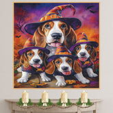 Basset Hound Dog and Puppy Halloween Canvas Wall Art with Witch Hat Fall Farmhouse Decor for Autumn on Ready to Hang 1.5" Thick Canvas Wrap, Floating Framed Canvas, Flat Rolled Canvas